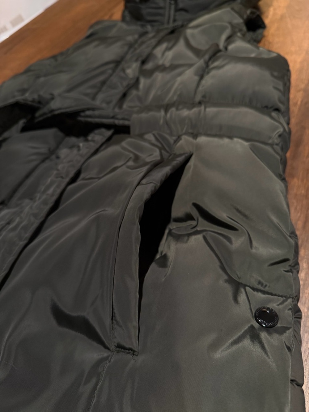 Sam Edelman Hooded Long Puffer Vest Dark Olive Green Small Adjustable Waist - S - Picture 7 of 16